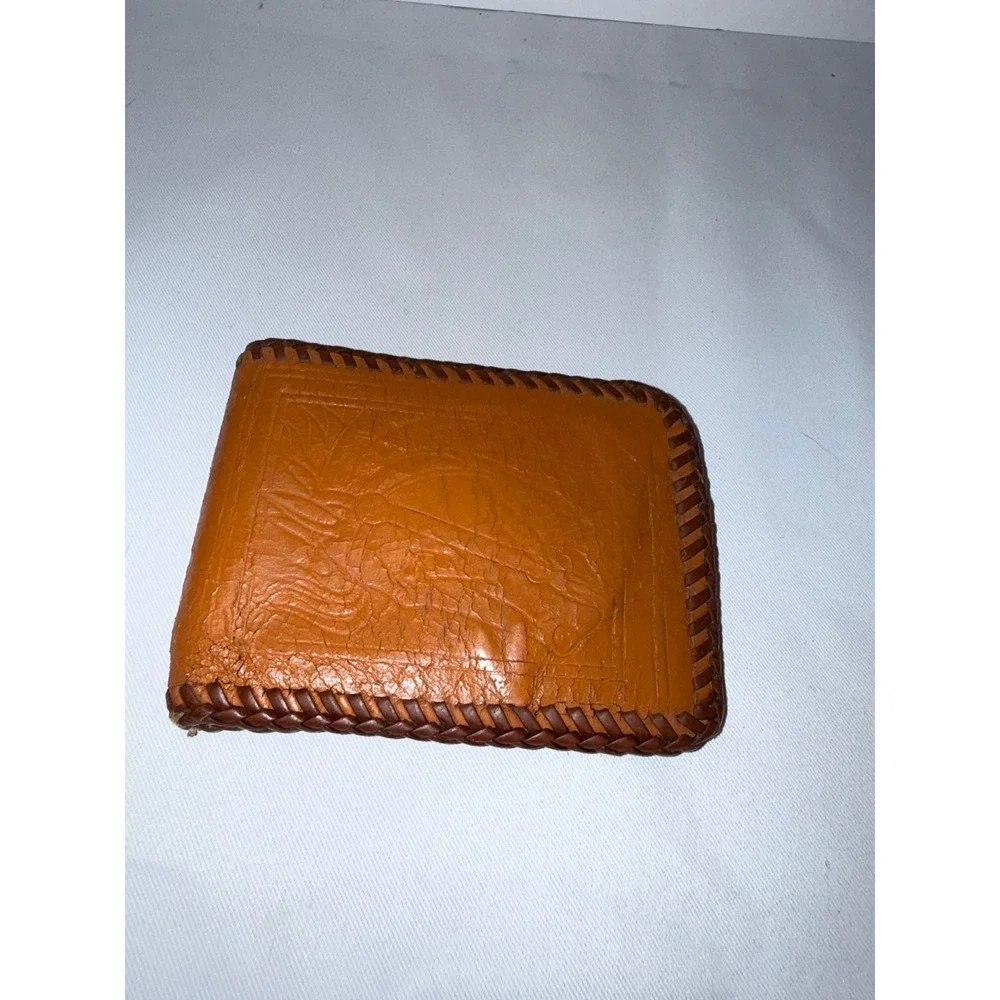Vintage Hand Tooled Leather Bifold Wallet Western Cowboy Whipstitch Brown